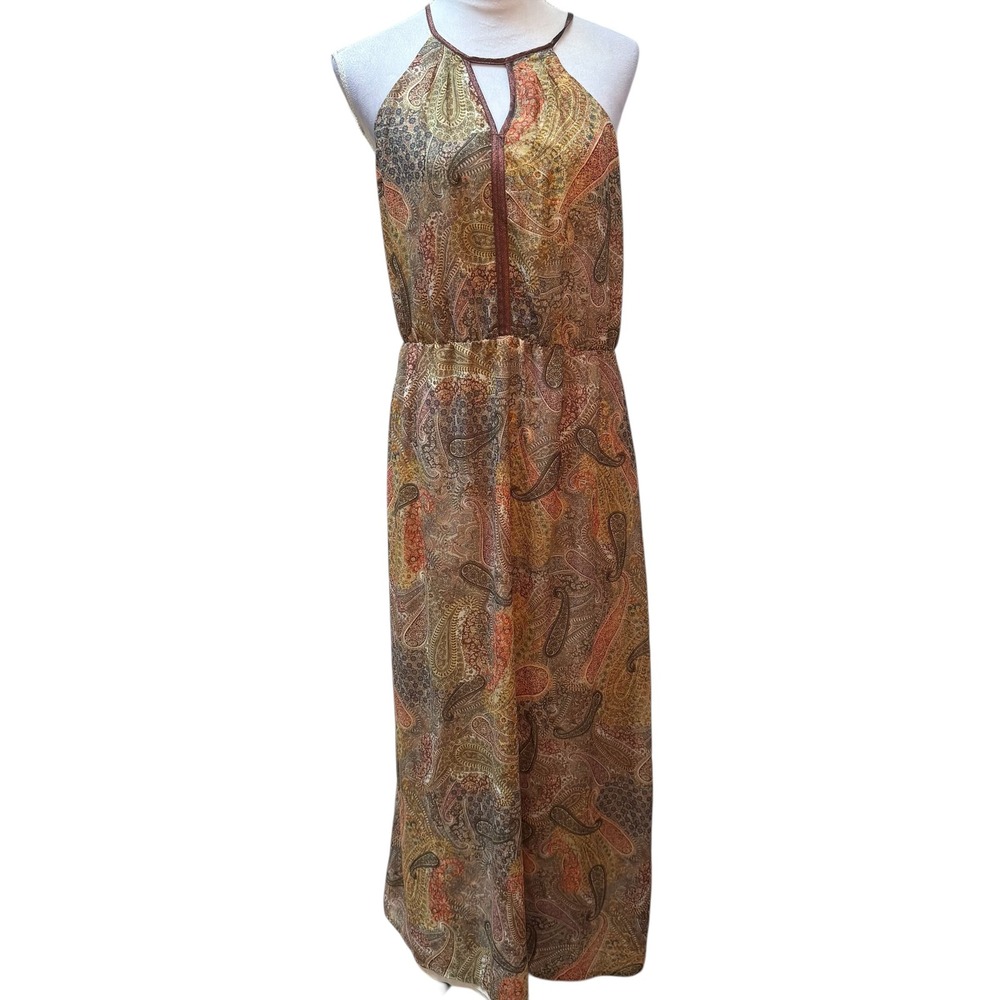 Promod Womens Paisley Halter Maxi Dress Brown Orange Earthy Keyhole Size 12